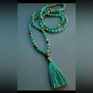 GREEN TARA MALA long jade necklace Bodhi seed Silk tassel